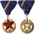 Hungary Medal for Public Security 1947
Five-pointed faceted red enamel star imposed on a gilt laurel wreath, with loop for ribbon suspension; the fac...