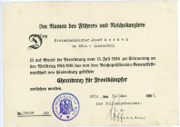 Germany - Third Reich Award Certificate of Cross of Honor for Front-Line Combatants in WWI 1935
Ehrenkreuz fur Frontkampfer. Very rare!. Condition II...