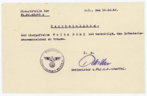 Germany - Third Reich Certificate for Wearing of Infantry Assault Badge 1943
Bescheinigung. Der Obergefreite ist berechtigt das Infanterie Sturmabzei...