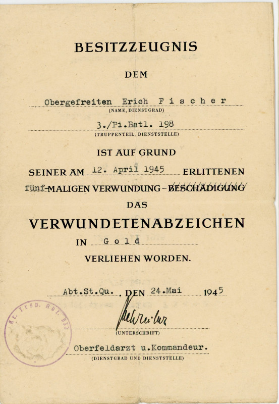 Germany - Third Reich Award Certificate of Wound Badge in Gold for 5 Wounds in W...