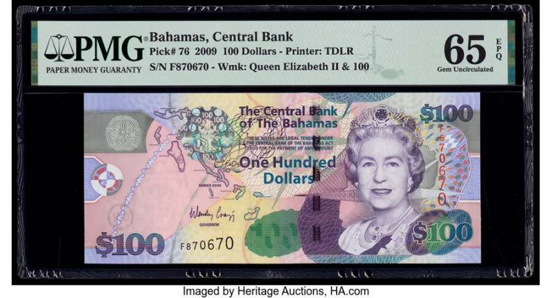 Bahamas Central Bank 100 Dollars 2009 Pick 76 PMG Gem Uncirculated 65 EPQ. 

HID...