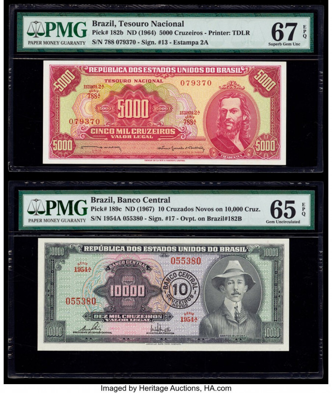Brazil Tesouro Nacional 5000 Cruzeiros; 10 Cruzados on 10,000 Cruz. ND (1964); N...