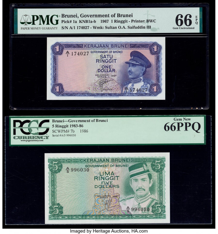 Brunei Government of Brunei 1; 5 Ringgit 1967; 1986 Pick 1a; 7b Two Examples PMG...