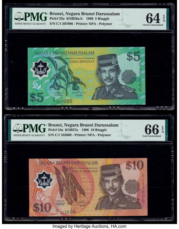 Brunei Negara Brunei Darussalam 5; 10 Ringgit 1996 Pick 23; 24a Two Examples PMG...