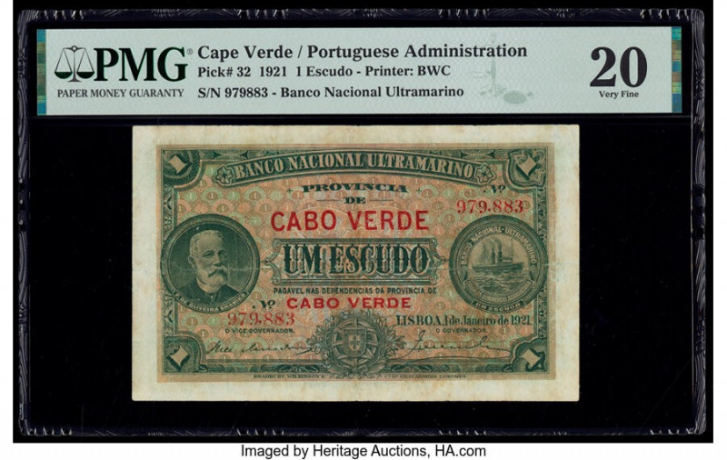 Cape Verde Banco Nacional Ultramarino 1 Escudo 1.1.1921 Pick 32 PMG Very Fine 20...