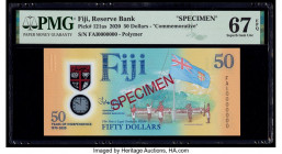 Fiji Reserve Bank of Fiji 50 Dollars 2020 Pick 121as Commemorative Specimen PMG Superb Gem Unc 67 EPQ. Red Specimen overprints are present on this exa...