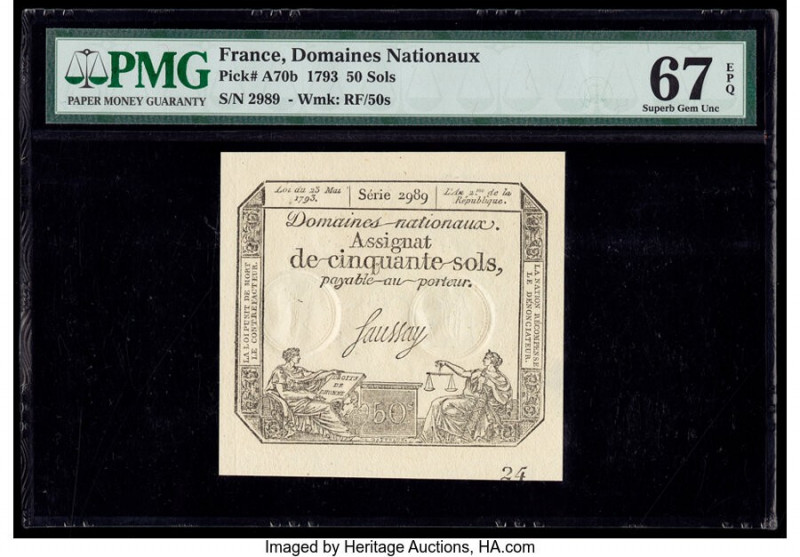 France Domaines Nationaux 50 Sols 23.5.1793 Pick A70b PMG Superb Gem Unc 67 EPQ....