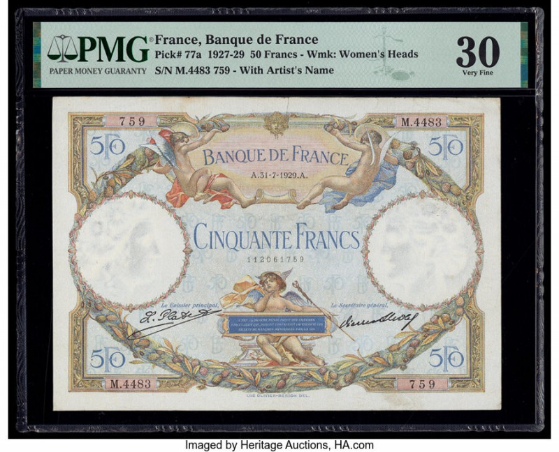 France Banque de France 50 Francs 31.7.1929 Pick 77a PMG Very Fine 30. A tear is...
