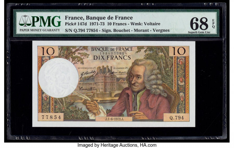 France Banque de France 10 Francs 1.6.1972 Pick 147d PMG Superb Gem Unc 68 EPQ. ...