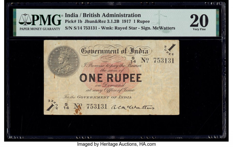 India Government of India 1 Rupee 1917 Pick 1a Jhun3.1.1A-B PMG Very Fine 20. Ru...