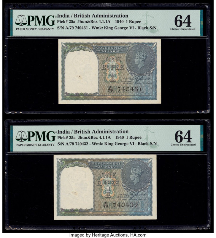 India Government of India 1 Rupee 1940 Pick 25a Jhun4.1.1A Two Consecutive Examp...