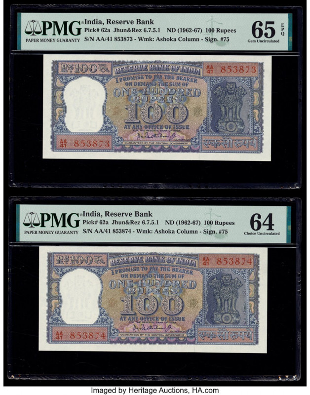 India Reserve Bank of India 100 Rupees ND (1962-67) Pick 62a Two Consecutive Exa...