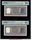 India Reserve Bank of India 100 Rupees ND (1962-67) Pick 62a Two Consecutive Examples PMG Gem Uncirculated 65 EPQ; Choice Uncirculated 64. Staple hole...