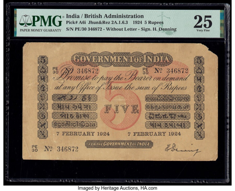 India Government of India 5 Rupees 7.2.1924 Pick A6i Jhun2A.1.6.3 PMG Very Fine ...