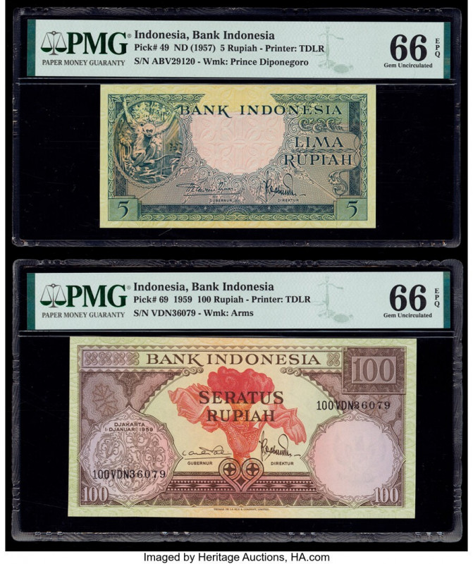 Indonesia Bank Indonesia 5; 100 Rupiah ND (1957); 1.1.1959 Pick 49; 69 Two Examp...