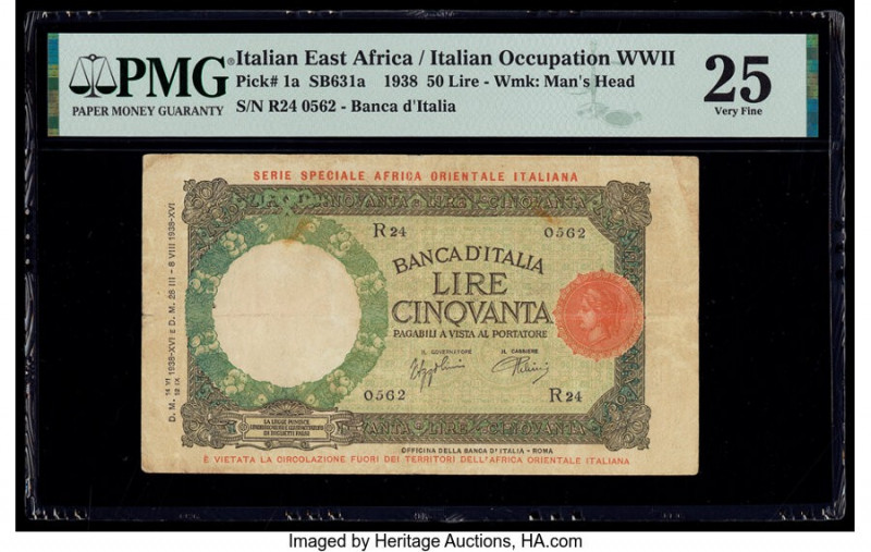 Italian East Africa Banca d'Italia 50 Lire 1938 Pick 1a PMG Very Fine 25. 

HID0...