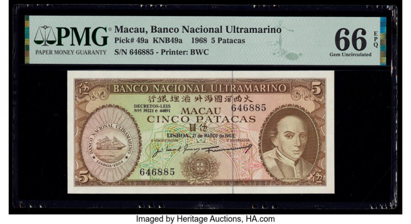 Macau Banco Nacional Ultramarino 5 Patacas 21.3.1968 Pick 49a KNB49a PMG Gem Unc...