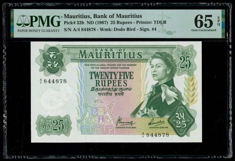 Mauritius Bank of Mauritius 25 Rupees ND (1967) Pick 32b PMG Gem Uncirculated 65...