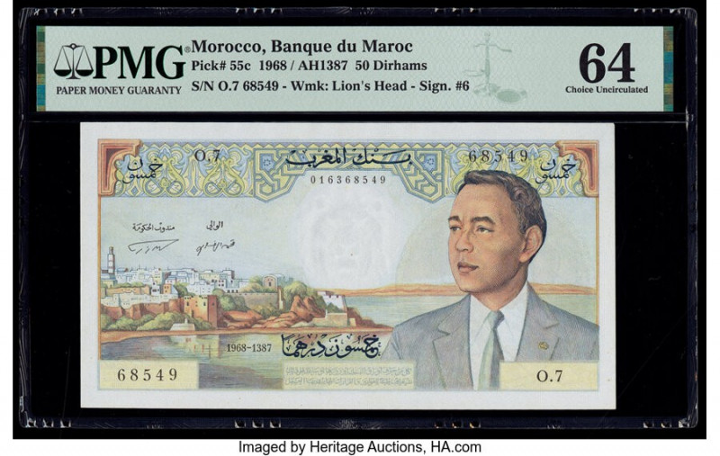 Morocco Banque du Maroc 50 Dirhams 1968 / AH1387 Pick 55c PMG Choice Uncirculate...