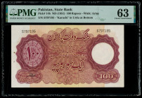 Pakistan State Bank of Pakistan 100 Rupees ND (1951) Pick 14b PMG Choice Uncirculated 63. Staple holes at issue and minor rust. 

HID09801242017

© 20...