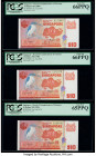 Singapore Board of Commissioners of Currency 10 (4); 5 Dollars ND (1980) (4); ND (1989) Pick 11b (4); 19 Five Examples PCGS Gem New 66PPQ (2); Gem New...