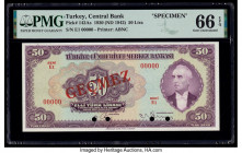 Turkey Central Bank 50 Lira 1930 (ND 1942) Pick 142As Specimen PMG Gem Uncirculated 66 EPQ. Red Gecmez overprints and four POCs are present on this ex...