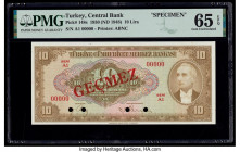 Turkey Central Bank 10 Lira 1930 (ND 1948) Pick 148s Specimen PMG Gem Uncirculated 65 EPQ. Red Gecmez overprints and four POCs are present on this exa...