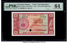 Western Samoa Bank of Western Samoa 1 Tala ND (1967) Pick 16bcts Color Trial Specimen PMG Choice Uncirculated 64. Red Specimen overprints and one POC ...