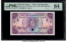 Western Samoa Bank of Western Samoa 2 Tala ND (1967) Pick 17acts Color Trial Specimen PMG Choice Uncirculated 64. Red Specimen overprints and one POC ...