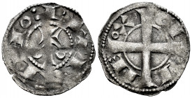 The Crown of Aragon. Alfonso I of Aragón (1162-1196). Dinero. Barcelona. (Cru-296 var). (Cru C.G-2100c). Ve. 0,73 g. X between pellet. Rare. VF. Est.....