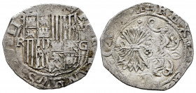 Catholic Kings (1474-1504). 1 real. Granada. (Cal-372). Ag. 3,20 g. Shield between R - G. Almost VF. Est...70,00. 

Spanish Description: Fernando e ...