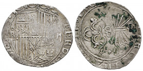 Catholic Kings (1474-1504). 2 reales. Cuenca. (Cal-493). (Lf-G3.2.2). Ag. Shield between R - II and C between stars in the field. Rare. Almost VF. Est...