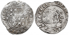 Catholic Kings (1474-1504). 2 reales. Segovia. (Cal-507 var). (Lf-G5.3.12). Anv.: FERNANDVS * E(T) * ELIS. Rev.: * REX * (ET RE)GINA * CASTE L(EG). Ag...