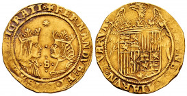 Catholic Kings (1474-1504). Double excelente. Sevilla. (Cal-721). (Tauler-174). Au. 6,97 g. Star avobe, S between the busts flanked by four dots. Choi...