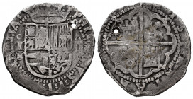 Philip II (1556-1598). 2 reales. Toledo. M. (Cal-431). Ag. 6,54 g. Holed. Choice F. Est...40,00. 

Spanish Description: Felipe II (1556-1598). 2 rea...