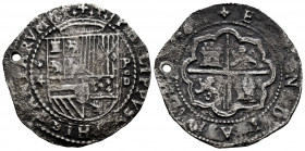 Philip II (1556-1598). 4 reales. Lima. D. (Cal-498). Ag. 9,92 g. Heavy corrosion from salt water immersion. Holed. Rare. Choice F. Est...180,00. 

S...