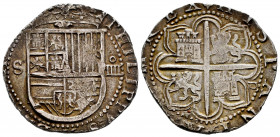Philip II (1556-1598). 4 reales. Sevilla. (Cal-576). Ag. 13,61 g. Fleur de lis between shield and crown. "Square d" assayer on reverse. VF. Est...180,...