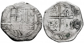 Philip II (1556-1598). 8 reales. Potosí. (Cal-Tipo 195). Ag. 26,98 g. Minor scratches on obverse. Assayer´s mark not visible. Almost VF. Est...220,00....