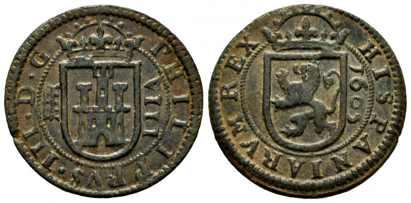 Philip III (1598-1621). 8 maravedis. 1605. Segovia. (Cal-327). Ve. 5,54 g. VF. E...