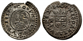 Philip IV (1621-1665). 8 maravedis. 1663. Trujillo. M. (Cal-424). (Jarabo-Sanahuja-M739). Ae. 2,51 g. Mintmark and assayer on the left. Some silvering...