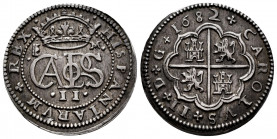 Charles II (1665-1700). 2 reales. 1682. Segovia. M. (Cal-442). Ag. 6,24 g. Toned. Scarce. Almost XF. Est...250,00. 

Spanish Description: Carlos II ...