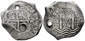 Charles II (1665-1700). 8 reales. 1694. Potosí. VR. (Cal-737). Ag. 26,71 g. Guatemala countermark. Holed. Almost VF. Est...200,00. 

Spanish Descrip...