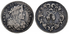 Charles II (1665-1700). 1 tari. 1699. Naples. AG/A. (Tauler-3189). (Vti-182). (Mir-308). Ag. 4,24 g. Almost VF. Est...70,00. 

Spanish Description: ...