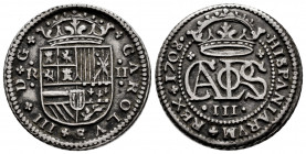 Charles III The Pretender (1701-1714). 2 reales. 1708/7. Barcelona. (Cal-28). Ag. 4,94 g. Choice VF. Est...70,00. 

Spanish Description: Carlos III,...