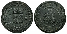 Philip V (1700-1746). 4 maravedis. 1719. Segovia. (Cal-92). Ae. 8,51 g. Almost XF. Est...40,00. 

Spanish Description: Felipe V (1700-1746). 4 marav...