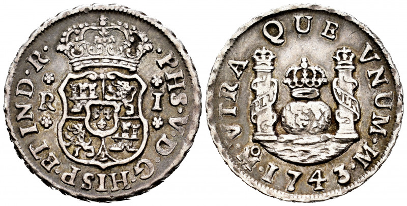 Philip V (1700-1746). 1 real. 1743. México. M. (Cal-519). Ag. 3,31 g. Knock on t...