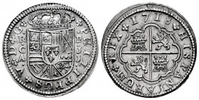 Philip V (1700-1746). 2 reales. 1718. Cuenca. JJ. (Cal-670). Ag. 5,81 g. Slight striking defect. A good sample. Scarce in this condition. XF. Est...15...