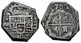 Philip V (1700-1746). 2 reales. 1704. Madrid. BR. (Cal-762). Ag. 6,82 g. Horizontal mintmark. The digit 4 of de date is upside down. VF. Est...300,00....