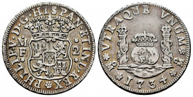 Philip V (1700-1746). 2 reales. 1734. México. MF. (Cal-808). Ag. 6,58 g. Repaired welding on obverse. Choice VF. Est...40,00. 

Spanish Description:...