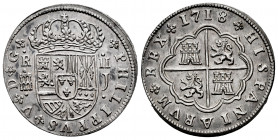 Philip V (1700-1746). 2 reales. 1718. Segovia. J. (Cal-947). Ag. 6,40 g. Aqueduct with two rows of two arches. Scarce in this grade. XF. Est...150,00....